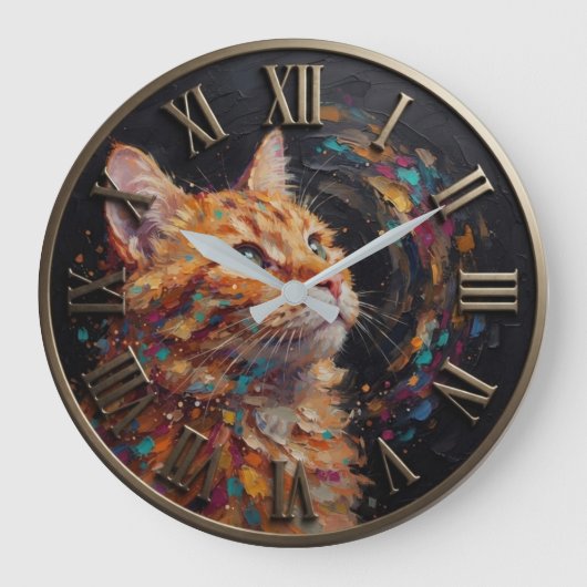 Impressionist Orange Tabby Cat Colorful ラージ壁時計 (正面)