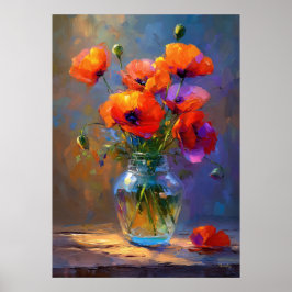 Impressionist Poppy Flowers in Glass Vase Painting ポスター