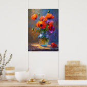 Impressionist Poppy Flowers in Glass Vase Painting ポスター (キッチン)