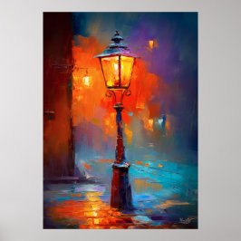 Impressionist Street Lamp Night City Painting ポスター