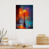 Impressionist Street Lamp Night City Painting ポスター (キッチン)