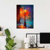 Impressionist Street Lamp Night City Painting ポスター (ホームオフィス)