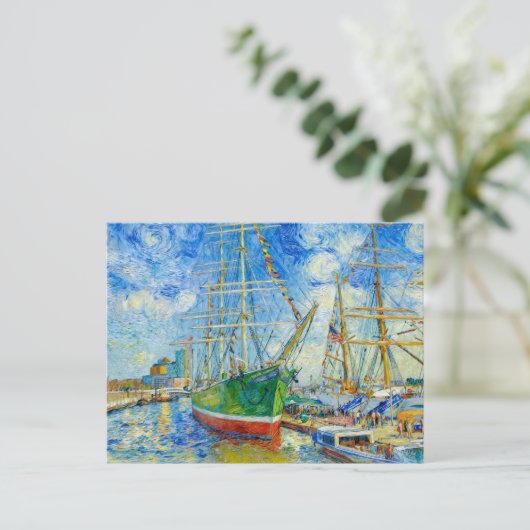 Impressionist Tall Ship in Hamburg Harbor with Ref ポストカード (スタンド正面)