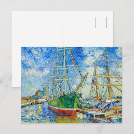Impressionist Tall Ship in Hamburg Harbor with Ref ポストカード (正面/裏面)