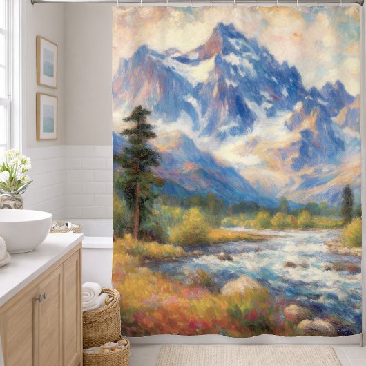 Impressionist Valley Mountain Trees Stream シャワーカーテン