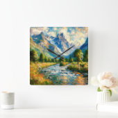 Impressionist Valley Mountain Trees Stream スクエア壁時計 (ホーム)
