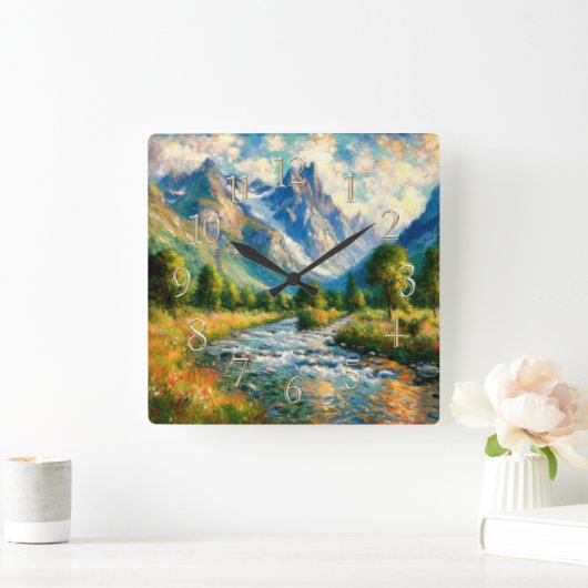 Impressionist Valley Mountain Trees Stream スクエア壁時計 (ホーム)