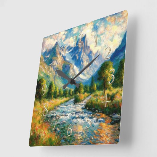 Impressionist Valley Mountain Trees Stream スクエア壁時計 (傾斜)