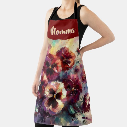 Impressionistic Maroon Pansies Floral Personalized エプロン (インサイチュ)