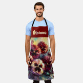 Impressionistic Maroon Pansies Floral Personalized エプロン (着用した状態)
