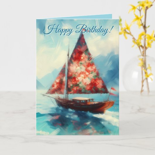 Impressionistic Sailboat Sailing Nautical Birthday カード (黄色い花)