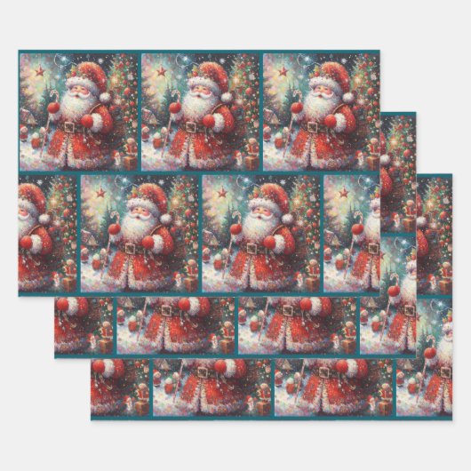 Impressionistic Santa Claus Christmas Decoupage ラッピングペーパーシート (セット)