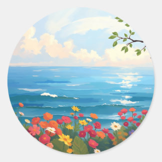 Impressionistic Seascape with Blooming Garden ラウンドシール
