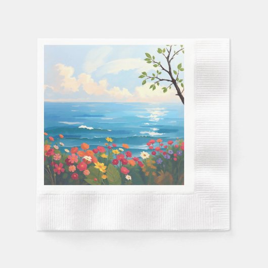 Impressionistic Seascape with Blooming Garden 縁ありカクテルナプキン (正面)