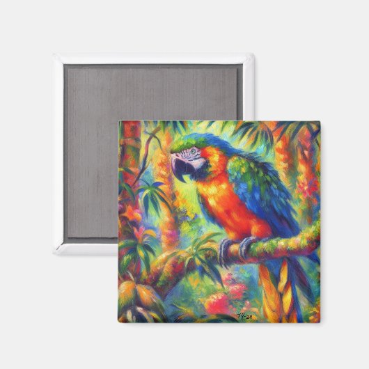 Impressionistic Tropical Parrot Bird Blue Green マグネット (正面/裏面)