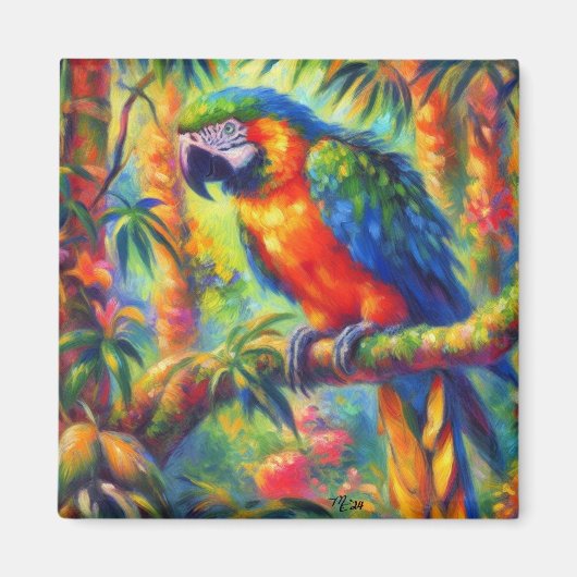 Impressionistic Tropical Parrot Bird Blue Green マグネット (正面)