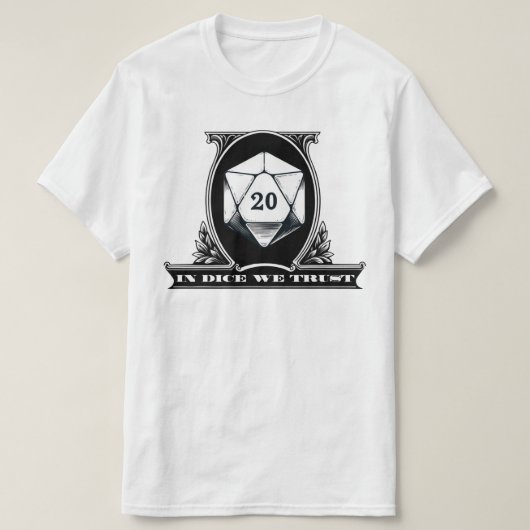 InサイコロWe Trust - Dungeon D20サイコロドルビル Tシャツ (デザイン正面)