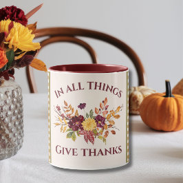 In All Things Give Thanks Burgundy Gold Damask マグカップ