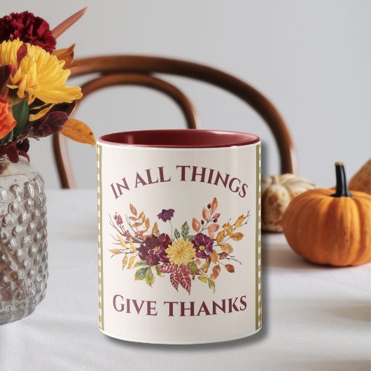 In All Things Give Thanks Burgundy Gold Damask マグカップ
