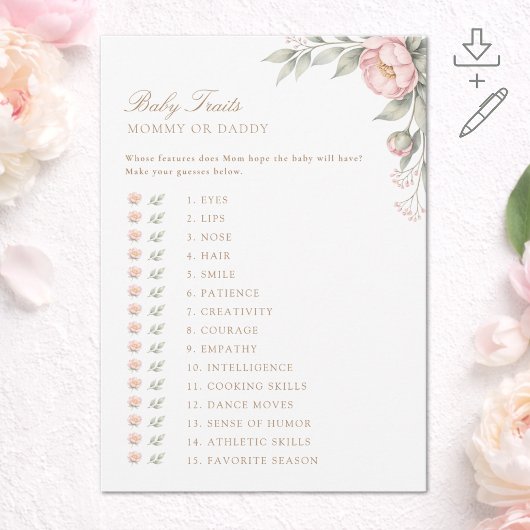 In Bloom Baby Traits Printable Shower Game Card 招待状