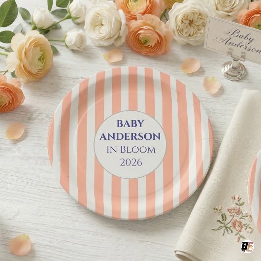 In Bloom Coral Stripe Baby Shower Personalized ペーパープレート