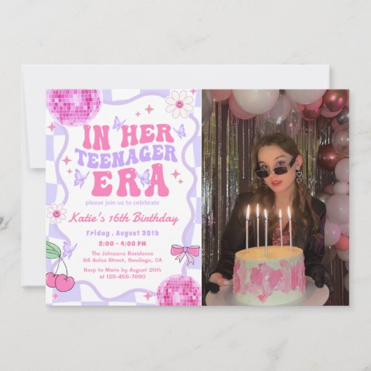 In Her10代の若者時代バージョン誕生日写真 招待状 (正面)