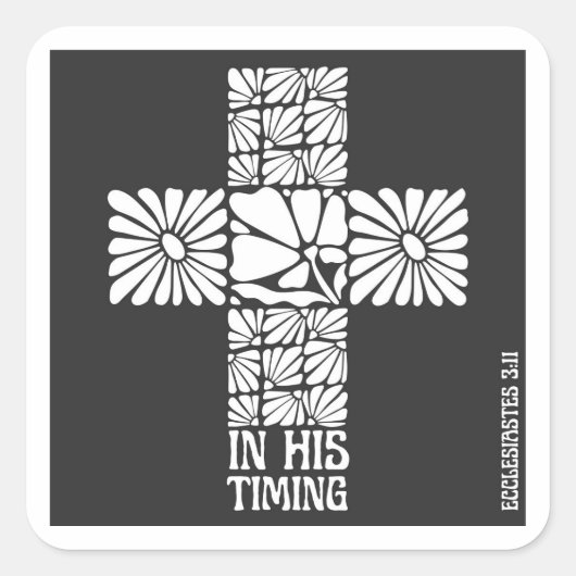 In His Timing Christian Sticker Faith Cross Floral スクエアシール (正面)