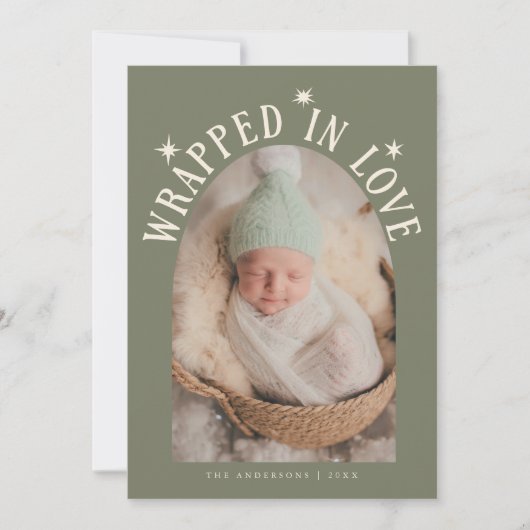 In Love 包まれた Sageグリーンフォト誕生 案内状 (正面)