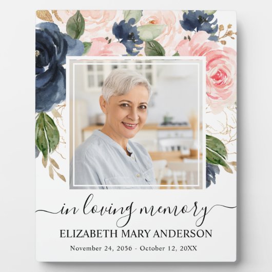 In Loving Memoryフォトピンクのネイビーフローラメモリアル フォトプラーク (正面)