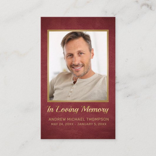In Loving Memoryマルーン金ゴールド写真葬儀カード 名刺 (正面)