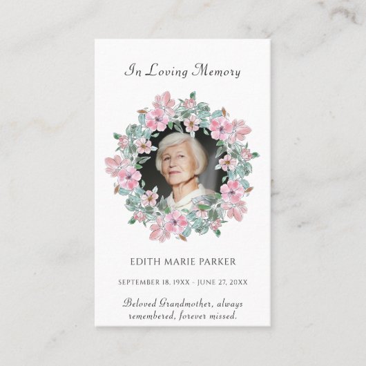 In Loving Memory写真フローラメモリアル祈りの言葉カード 名刺 (正面)