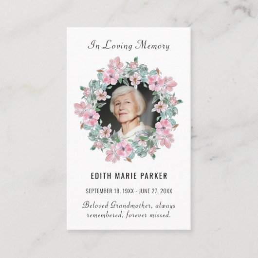 In Loving Memory写真フローラメモリアル祈りの言葉カード 名刺 (正面)