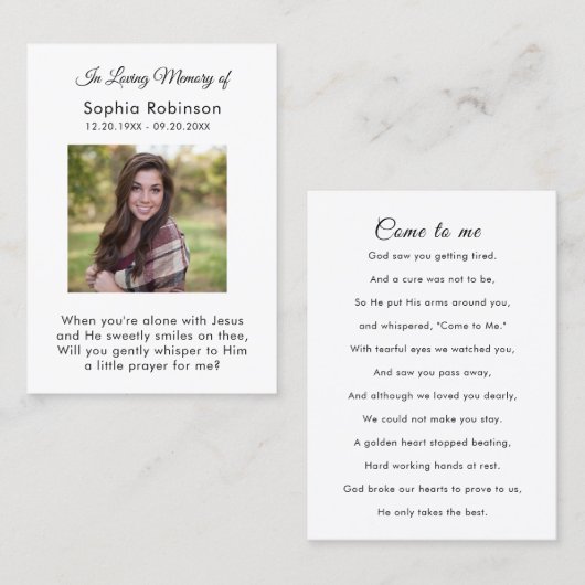 In Loving Memory写真葬儀祈りの言葉カード 名刺 (正面/裏面)