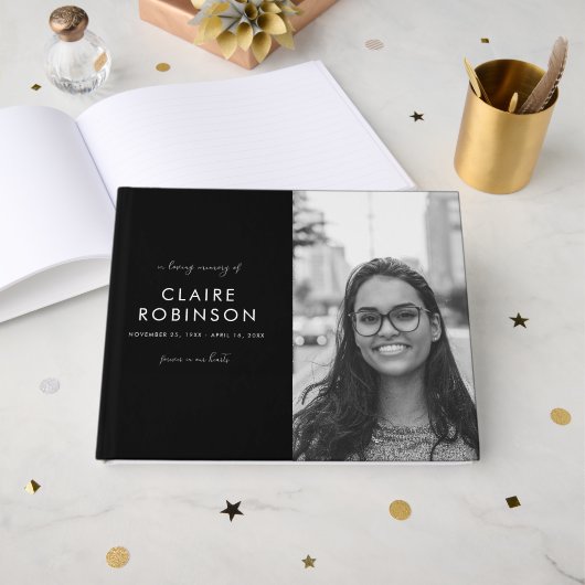 In Loving Memory白黒フォトスクリプト葬儀 ゲストブック (正面見開き)