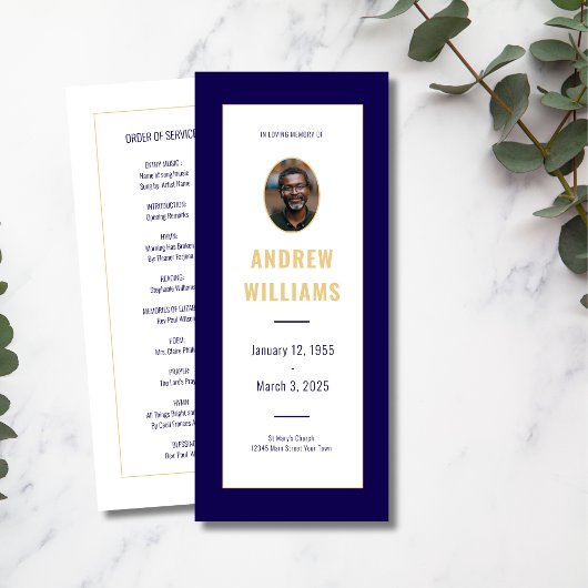 In Loving Memory葬儀フォトプログラムネイビー金ゴールド 招待状