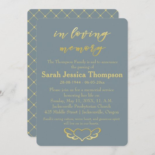 In Loving Memory – ブルー&金ゴールドメモリアルサービス 招待状 (正面/裏面)
