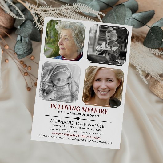 In Loving Memory | 4枚の写真コラージュ 葬儀 招待状