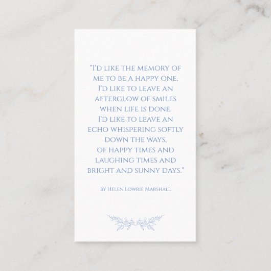 In Loving Memory Blue Botanical Photo Prayer Card 名刺 (裏面)