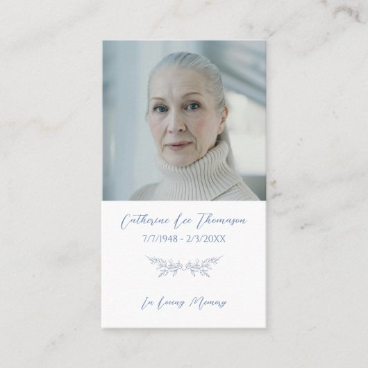 In Loving Memory Blue Botanical Photo Prayer Card 名刺 (正面)