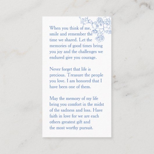 In Loving Memory Blue Floral Photo Prayer Card 名刺 (裏面)