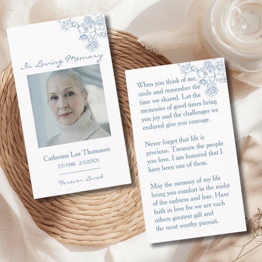 In Loving Memory Blue Floral Photo Prayer Card 名刺