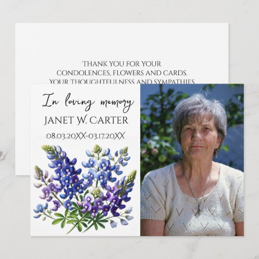 In Loving Memory Bluebonnets Texas Floral Funeral 招待状 (正面/裏面)
