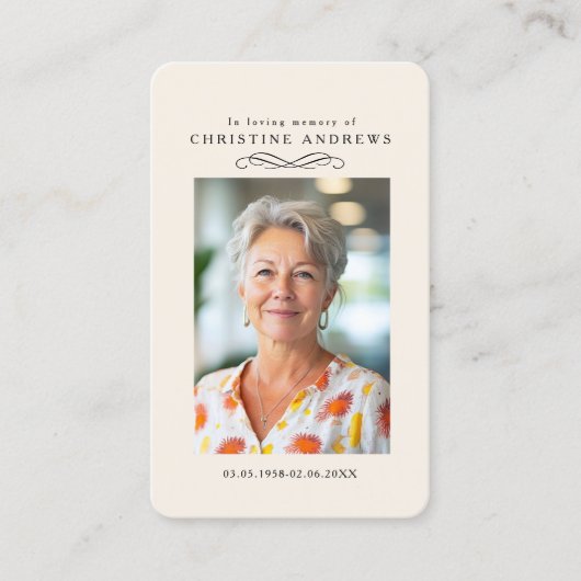 "In loving Memory" Elegant  Beige Photo Prayer  名刺 (正面)