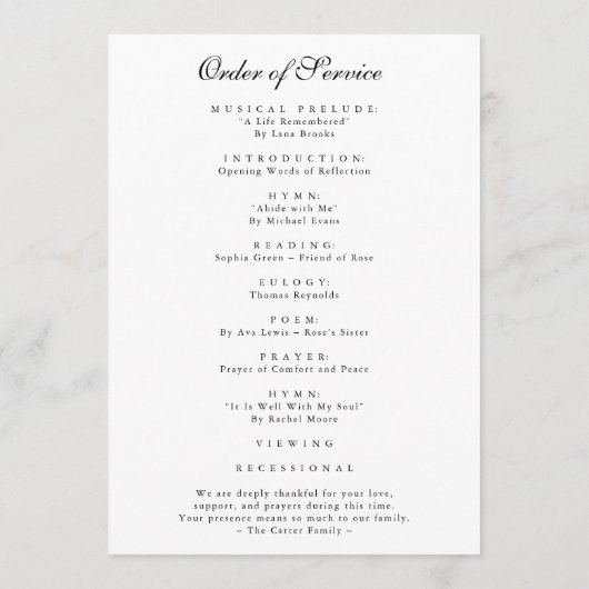 In Loving Memory Funeral Program Keepsake Card プログラム (裏面)