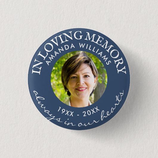 In Loving Memory Navy モダン Blue Photo Memorial 缶バッジ (正面)