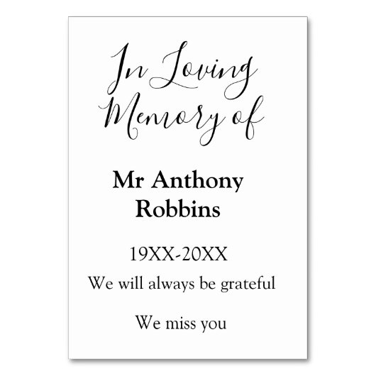 In Loving memory of name funeral memory keepsake テーブルナンバー (正面)