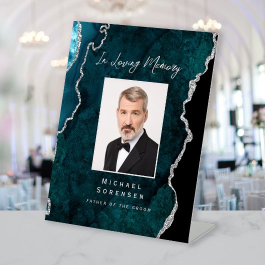 In Loving Memory Photo Teal Silver Agate Wedding 台座サイン
