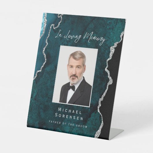 In Loving Memory Photo Teal Silver Agate Wedding 台座サイン (正面)