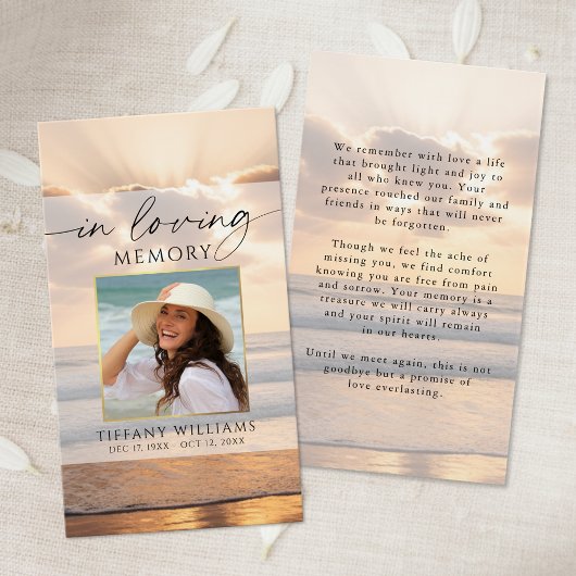 In Loving Memory Sunset Beach Photo Prayer Card