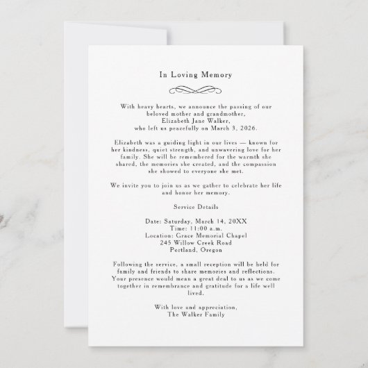 In Loving Memory White Photo Funeral Invitation 招待状 (裏面)
